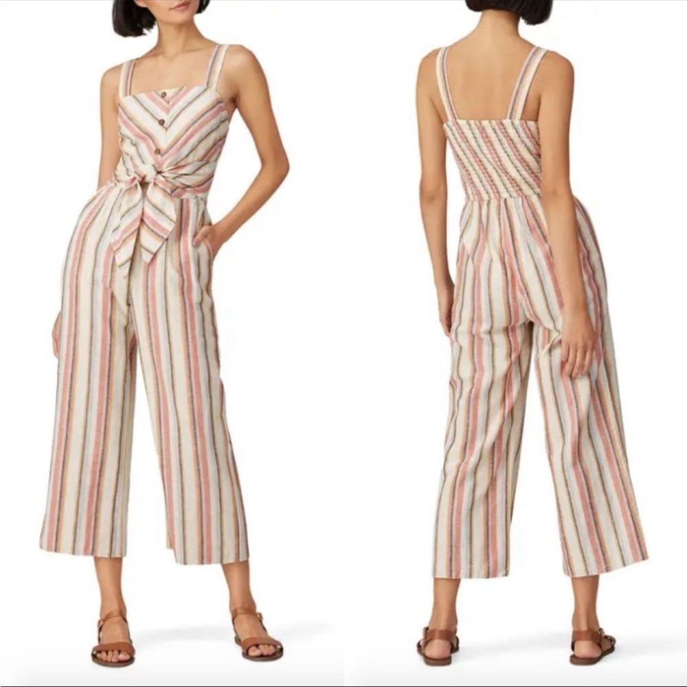 Saylor Ilhan Chevron Striped Tie Waist Button Front Jumpsuit Multicolor Sz M